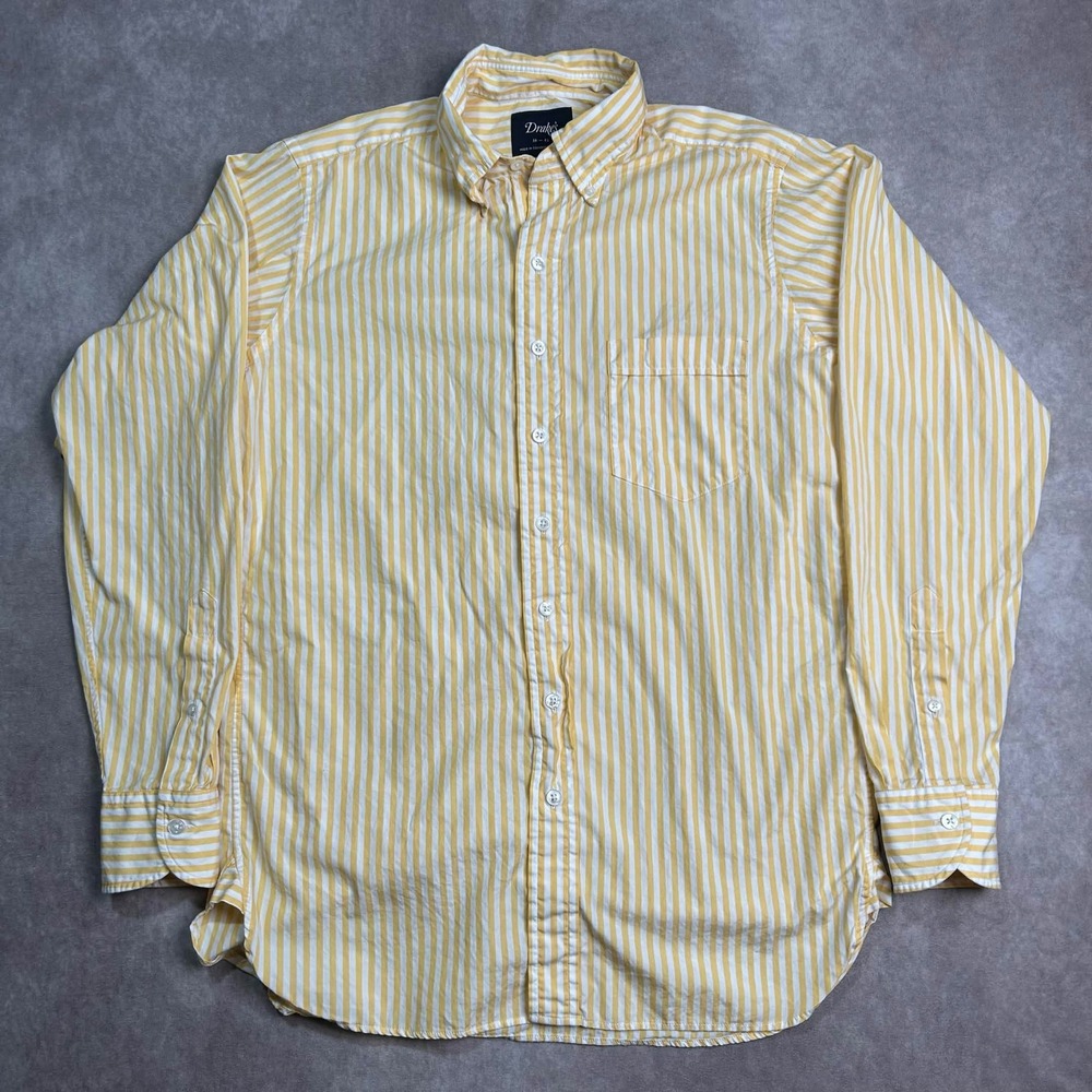 Drakes Mens Yellow White Striped Button Down Shirt Made in England Size 16-41
